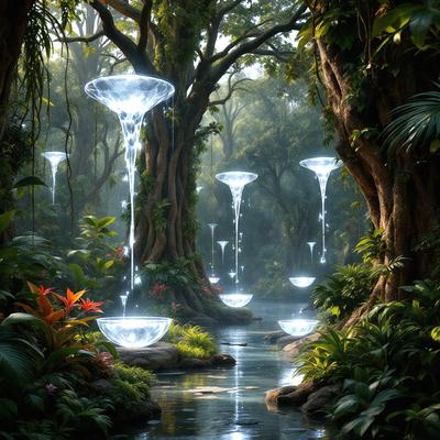 The primary subject of the image is a series of floating orbs, which are illuminated and appear to be floating in the air. The setting is a forest, with trees and plants surrounding the orbs. The visual style is digital art, as the orbs are depicted in a futuristic and surreal manner. The colors and mood of the image are predominantly blue and green, creating a serene and otherworldly atmosphere.
